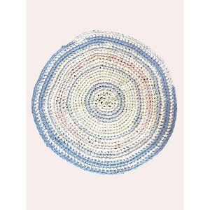 Handmade Vintage Crocheted Vintage Cotton Round Rug Blues Pink Mauves White